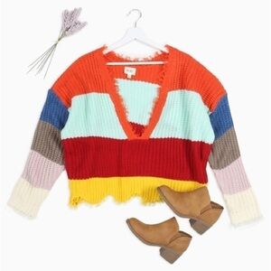 Bibi raw hem Colorblock Sweater cropped size medium